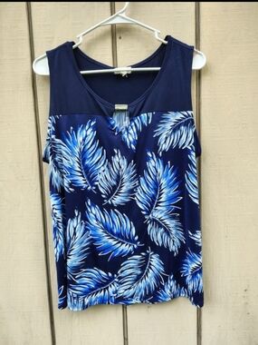Emi & Joe Sleeveless Tropical Palm Leaf Print Top XL Navy Blue Casual Breezy